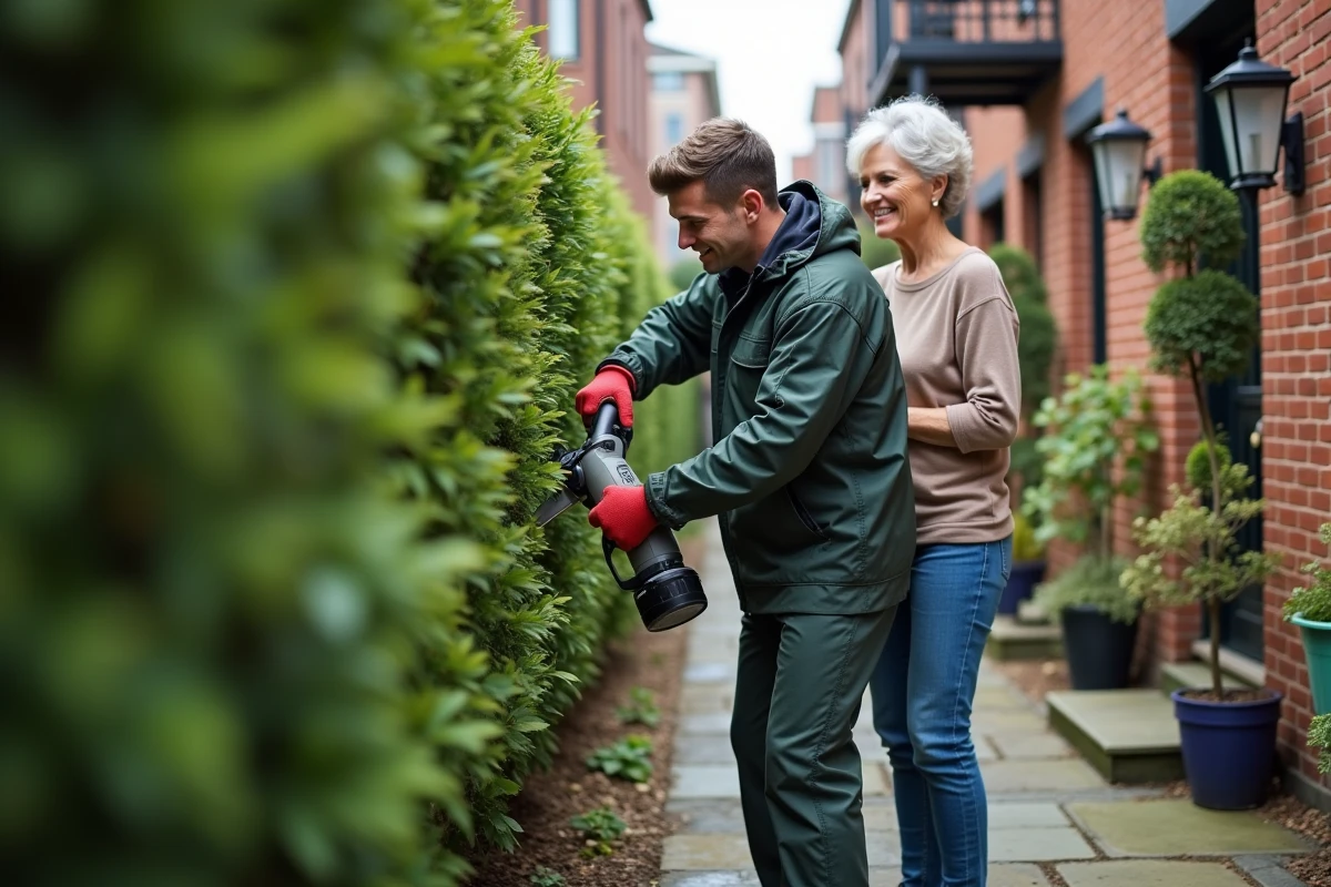 Jeune homme taillant une haie dans une cour urbaine