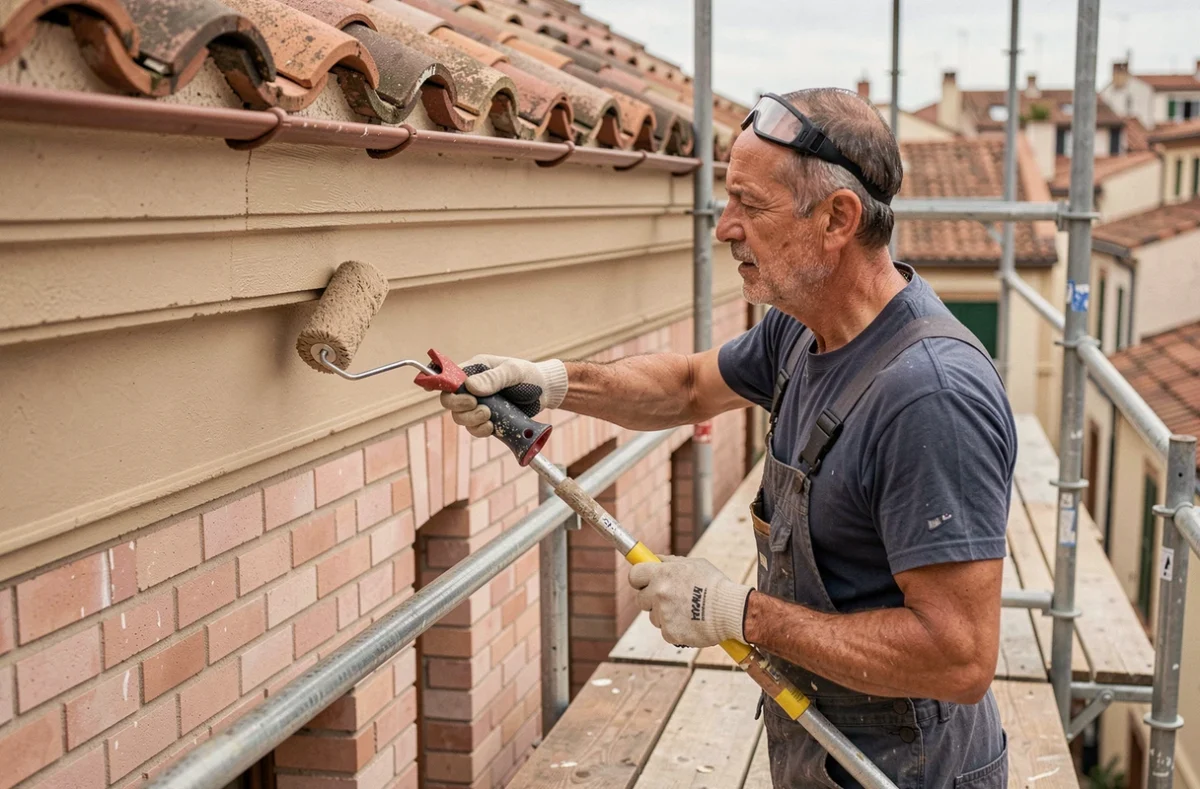 Peintre Joseph Lopez rénovant la toiture et la façade d'un bâtiment en briques roses à Toulouse