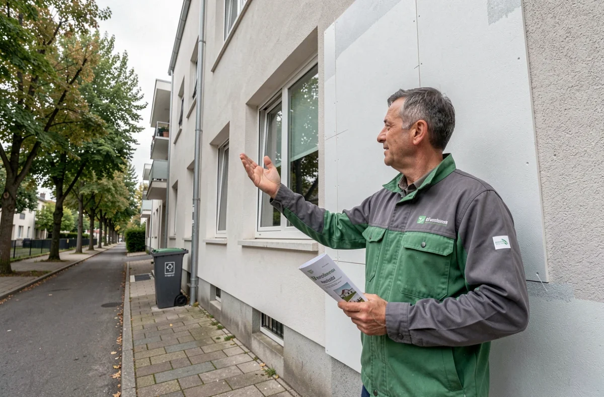 Technicien de KZ Energies Renov présentant une rénovation énergétique avec isolation extérieure à Toulouse