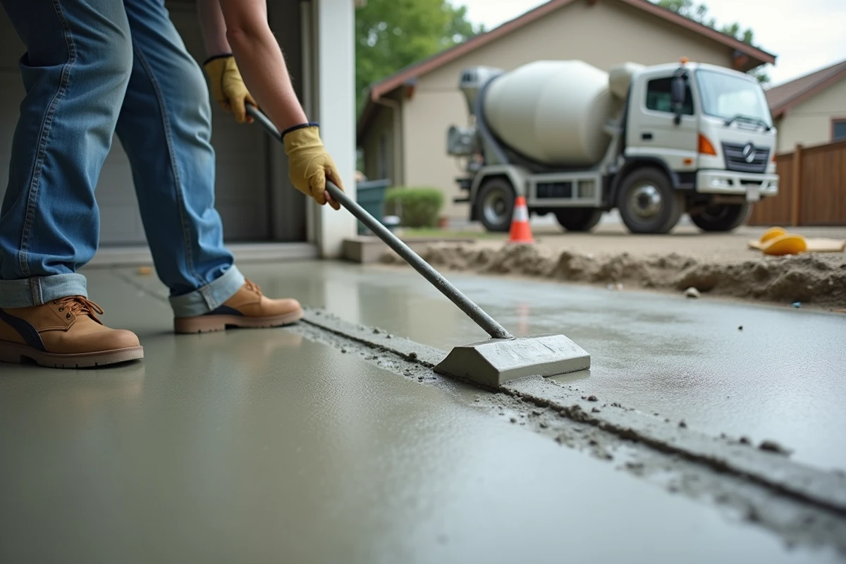 Lissage de dalle béton de garage avec taloche longue pour une surface plane capable de supporter un véhicule