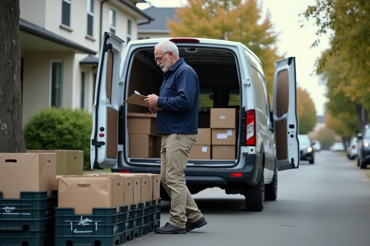 Livreur organisant des caisses de courses dans une camionnette