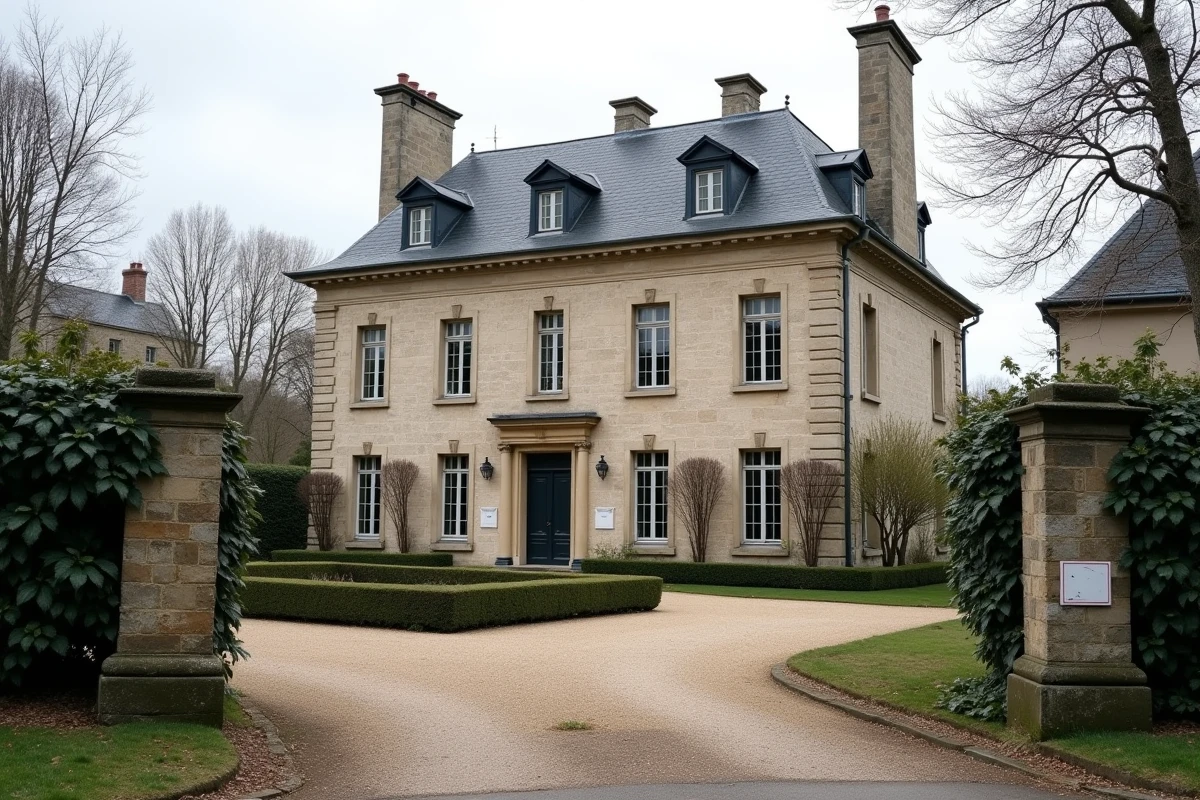 Maison de maître bourgeoise en pierre avec toiture en ardoise, allée gravillonnée et haies de buis taillées dans une ville de province française