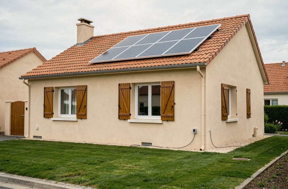 Maison individuelle française avec un panneau solaire plug and play 800W installé sur le toit en tuiles