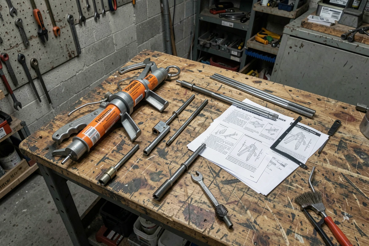 Vue en plongée du matériel complet pour la pose de chevilles chimiques incluant pistolet à résine, tiges filetées et brosses de nettoyage sur un établi d'atelier