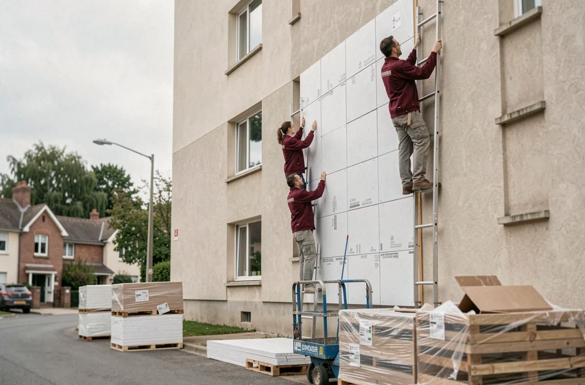Équipe coopérative MBC SCOP installant des panneaux d'isolation sur un immeuble résidentiel en Haute-Garonne