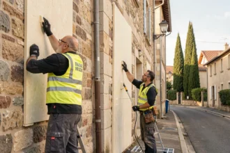 Équipe de professionnels de l'isolation travaillant sur une façade résidentielle en Haute-Garonne