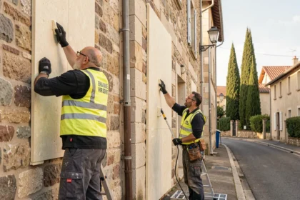 Équipe de professionnels de l'isolation travaillant sur une façade résidentielle en Haute-Garonne