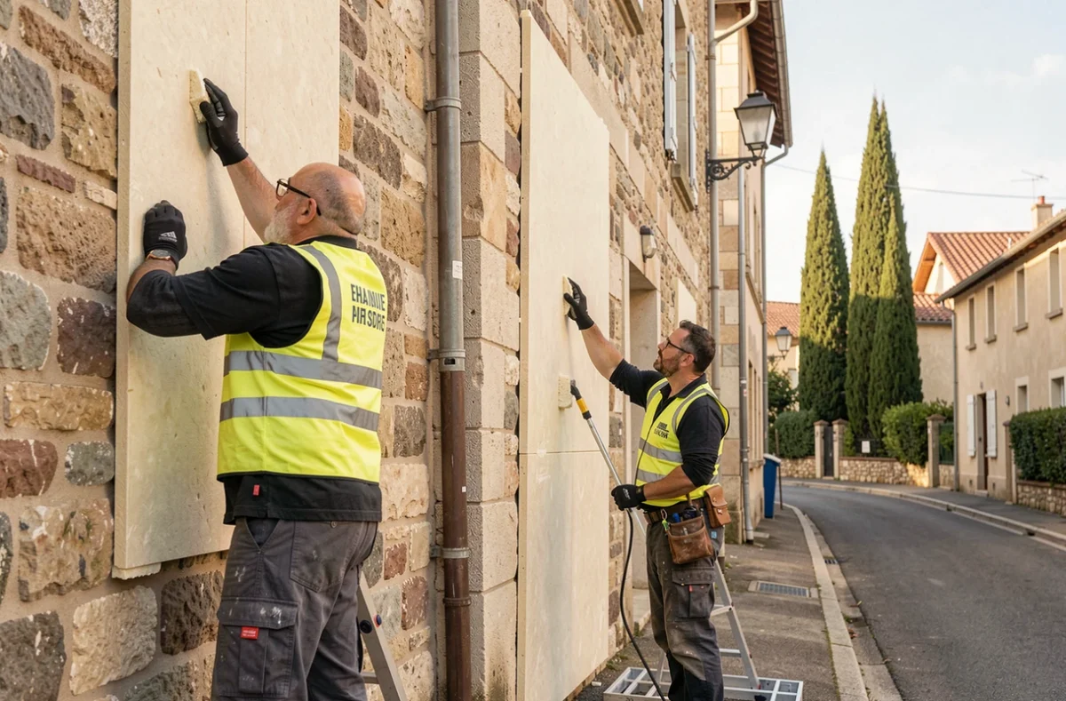 Équipe de professionnels de l'isolation travaillant sur une façade résidentielle en Haute-Garonne