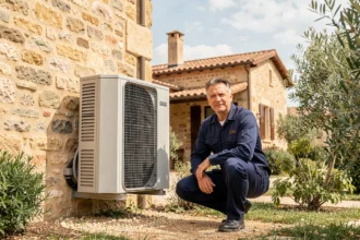 Technicien installateur de pompe à chaleur devant une maison en pierre typique d'Occitanie