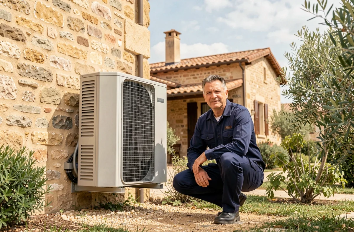Technicien installateur de pompe à chaleur devant une maison en pierre typique d'Occitanie