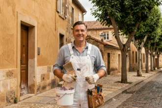 Peintre en bâtiment professionnel devant une façade rénovée de style occitan à Toulouse