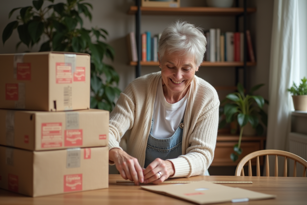 Femme mesurant des colis La Poste à la maison