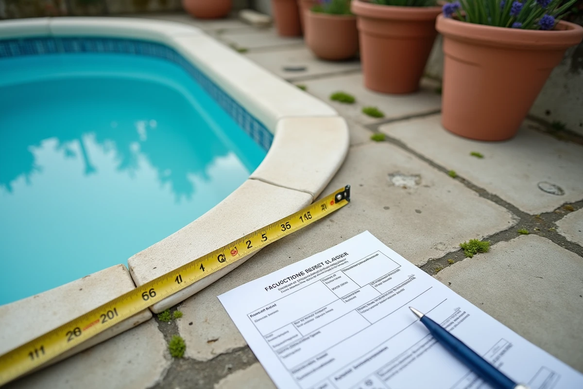 Mesure d'une piscine non imposable avec mètre ruban et formulaire fiscal posés sur une terrasse en béton