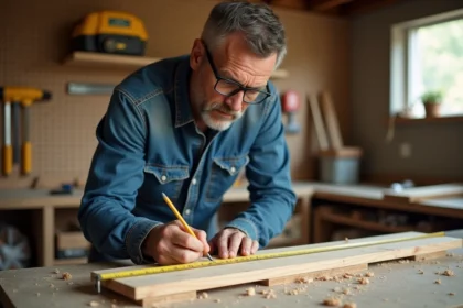 Artisan amateur mesurant une planche en bois avec précision dans un atelier de bricolage pour éviter les erreurs de découpe