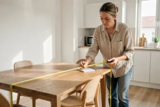 Femme mesurant une table à manger rectangulaire avec un mètre ruban dans une cuisine scandinave lumineuse