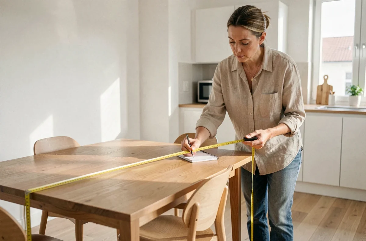 Femme mesurant une table à manger rectangulaire avec un mètre ruban dans une cuisine scandinave lumineuse