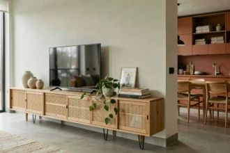 Meuble télé en chêne massif avec portes cannage dans un salon ouvert sur la cuisine aux tons terre cuite