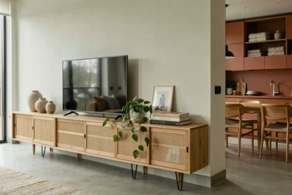Meuble télé en chêne massif avec portes cannage dans un salon ouvert sur la cuisine aux tons terre cuite