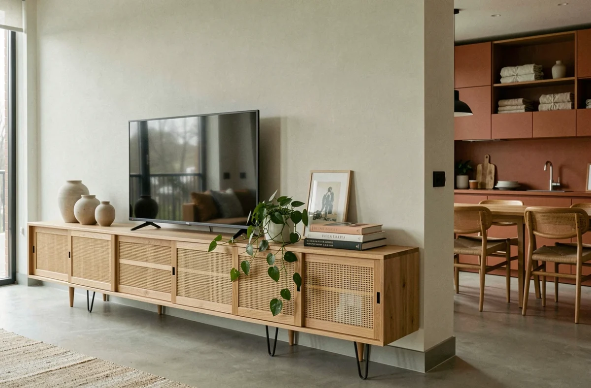 Meuble télé en chêne massif avec portes cannage dans un salon ouvert sur la cuisine aux tons terre cuite