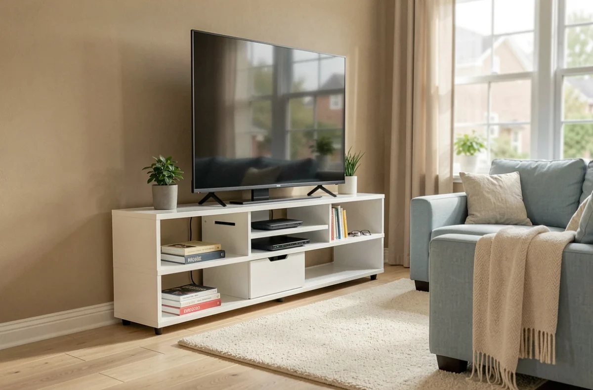 Meuble TV d'angle blanc laqué avec étagères ouvertes et grande télévision dans un salon familial lumineux