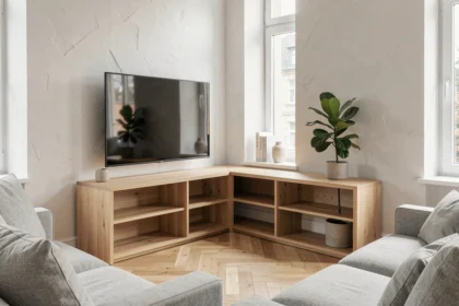 Meuble TV d'angle en chêne clair dans un grand salon minimaliste avec télévision 75 pouces intégrée