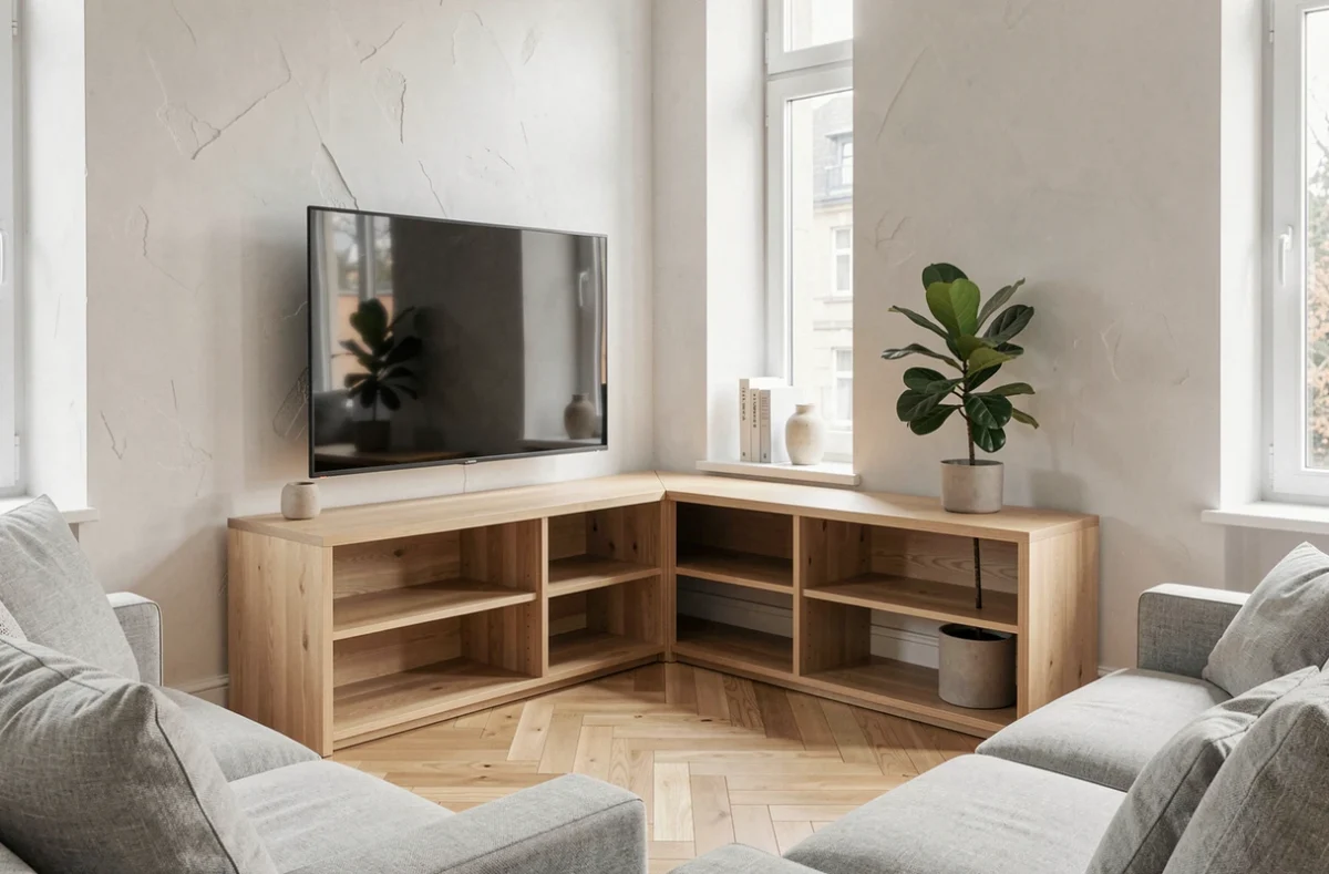 Meuble TV d'angle en chêne clair dans un grand salon minimaliste avec télévision 75 pouces intégrée