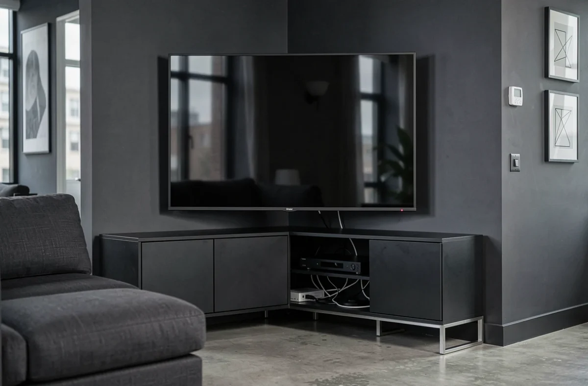 Meuble TV d'angle noir mat avec grand écran OLED 85 pouces dans un appartement contemporain urbain