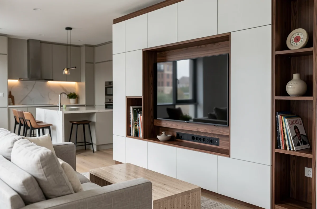 Meuble TV modulaire blanc laqué et noyer dans un appartement en open space avec cuisine en arrière-plan
