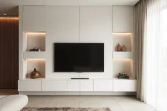 Meuble TV encastré en placo plâtre blanc mat dans un salon contemporain épuré avec niches décoratives