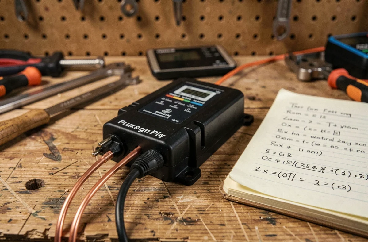 Détail d'un micro-onduleur et fiche électrique de panneau solaire plug and play avec calcul de puissance manuscrit