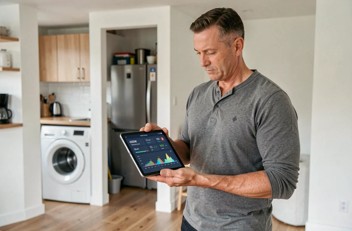 Homme consultant un écran de monitoring de production solaire 6000W dans une maison moderne