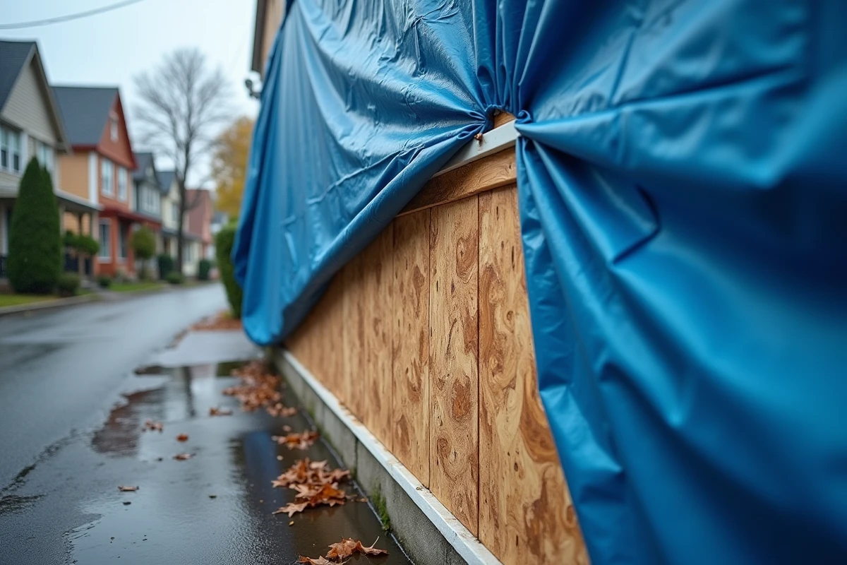 Mur extérieur en OSB exposé à la pluie battante après glissement d'une bâche de protection