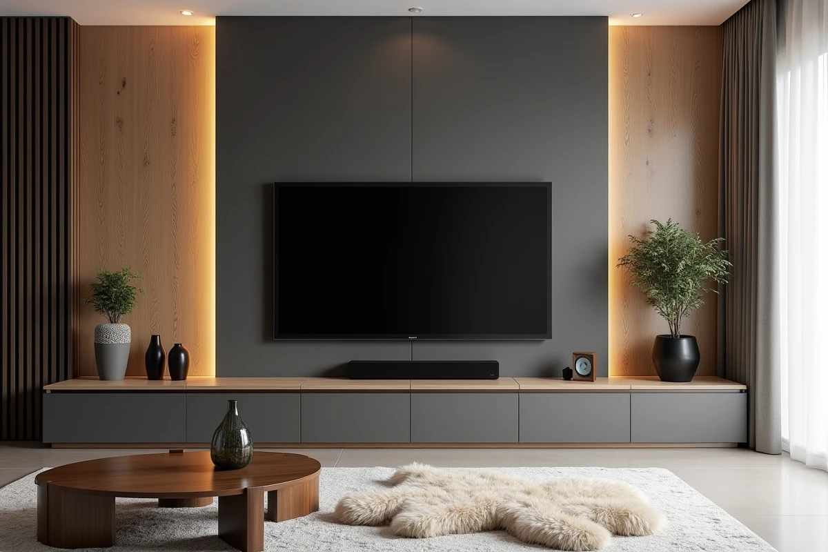 Mur TV design en placo bicolore anthracite et bois avec console flottante dans un salon style scandinave