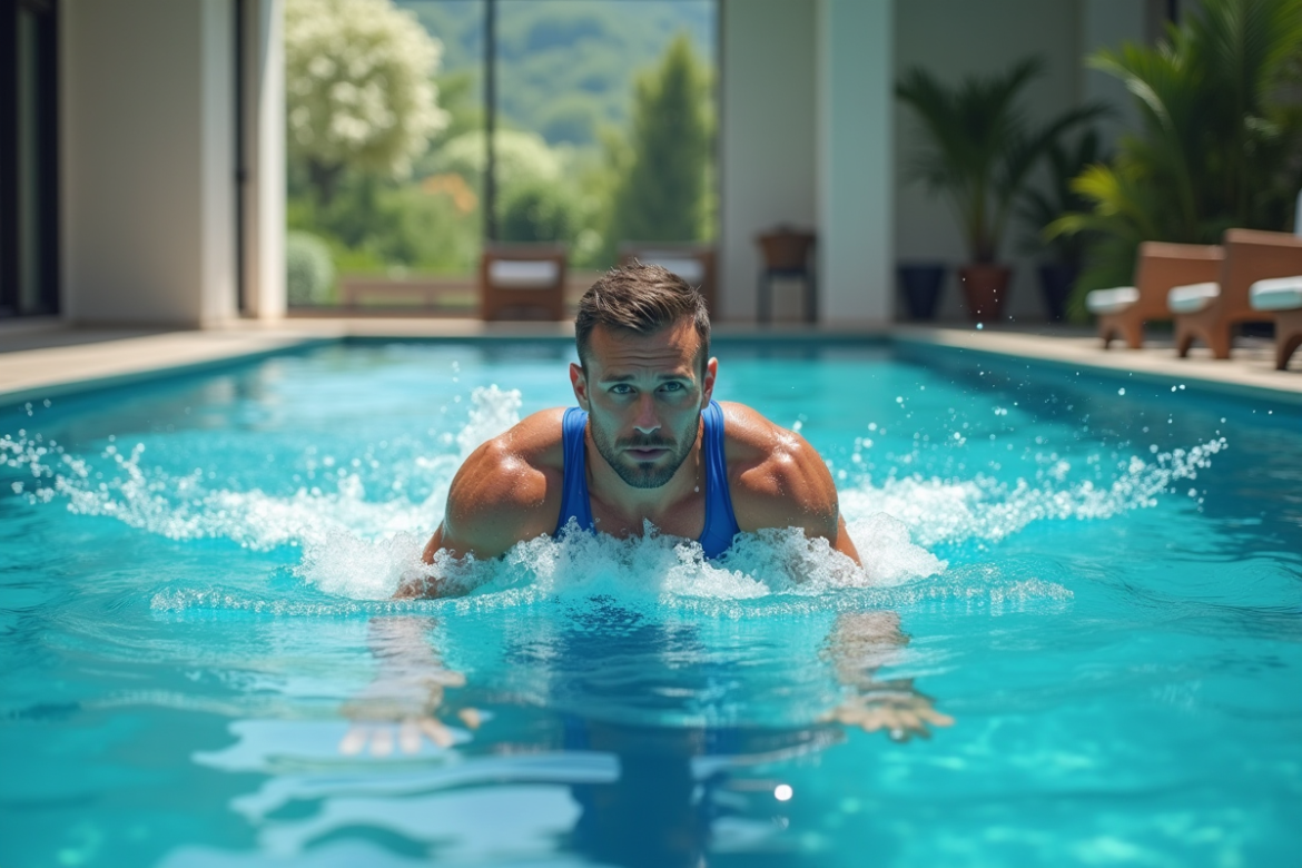 Homme nageur en maillot bleu dans une piscine moderne