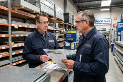 Homme négociant le prix d'une tôle acier 2 mm au comptoir d'un magasin Brico Dépôt avec un vendeur
