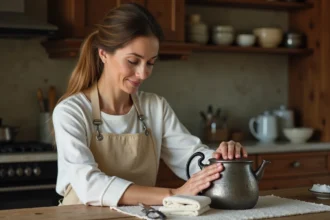 Femme nettoyant un service à thé en argent noirci avec un chiffon doux et du bicarbonate de soude dans une cuisine en bois
