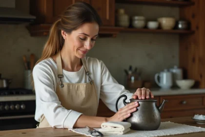 Femme nettoyant un service à thé en argent noirci avec un chiffon doux et du bicarbonate de soude dans une cuisine en bois