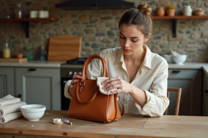 Femme nettoyant un sac en cuir cognac moisi avec un chiffon doux et une solution de vinaigre blanc sur une table en bois rustique