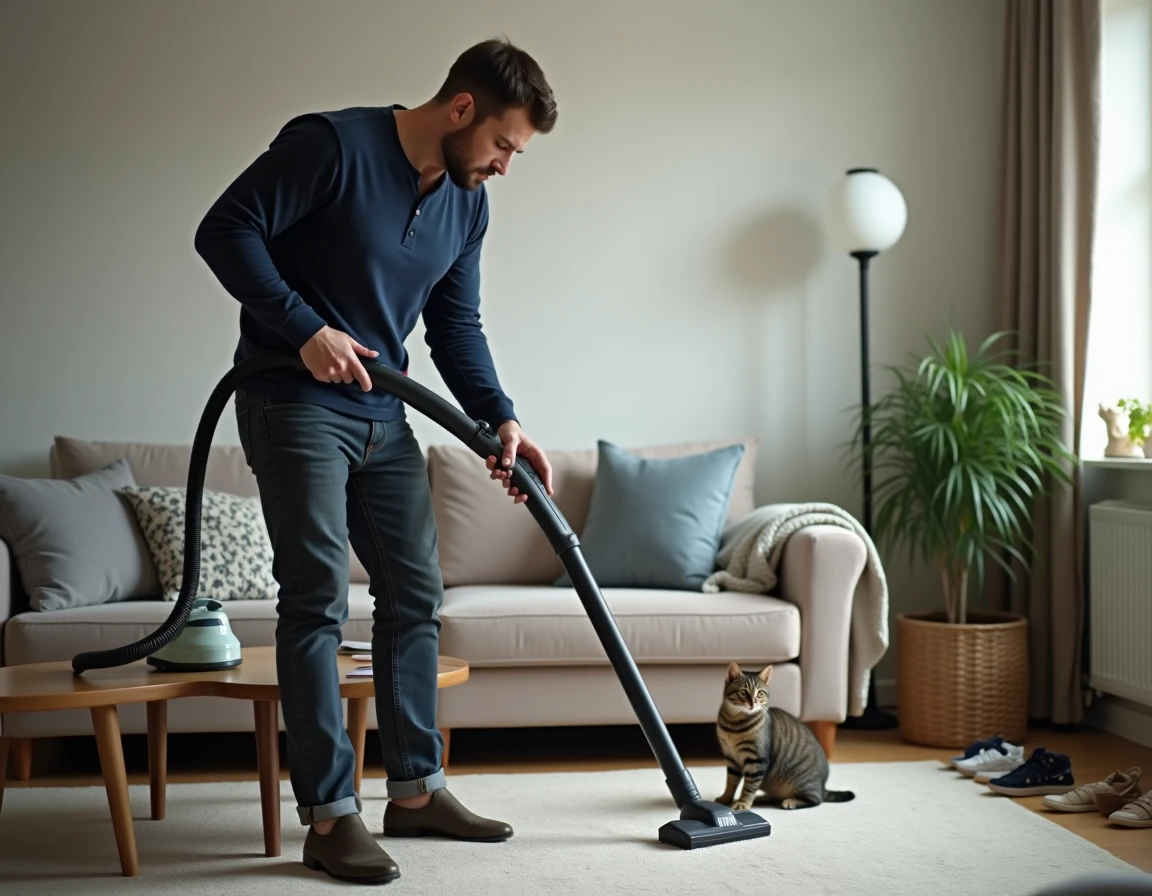 Homme nettoyant un canapé avec un nettoyeur vapeur Lidl en présence d'un chat dans un salon familial encombré