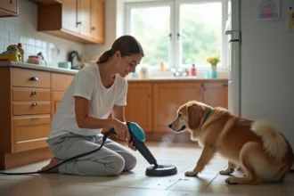 Femme utilisant un nettoyeur vapeur Lidl sur le carrelage de cuisine avec un chien golden retriever dans un intérieur familial