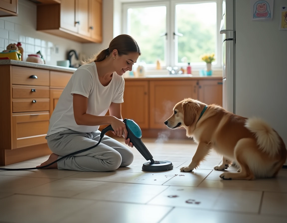 Femme utilisant un nettoyeur vapeur Lidl sur le carrelage de cuisine avec un chien golden retriever dans un intérieur familial