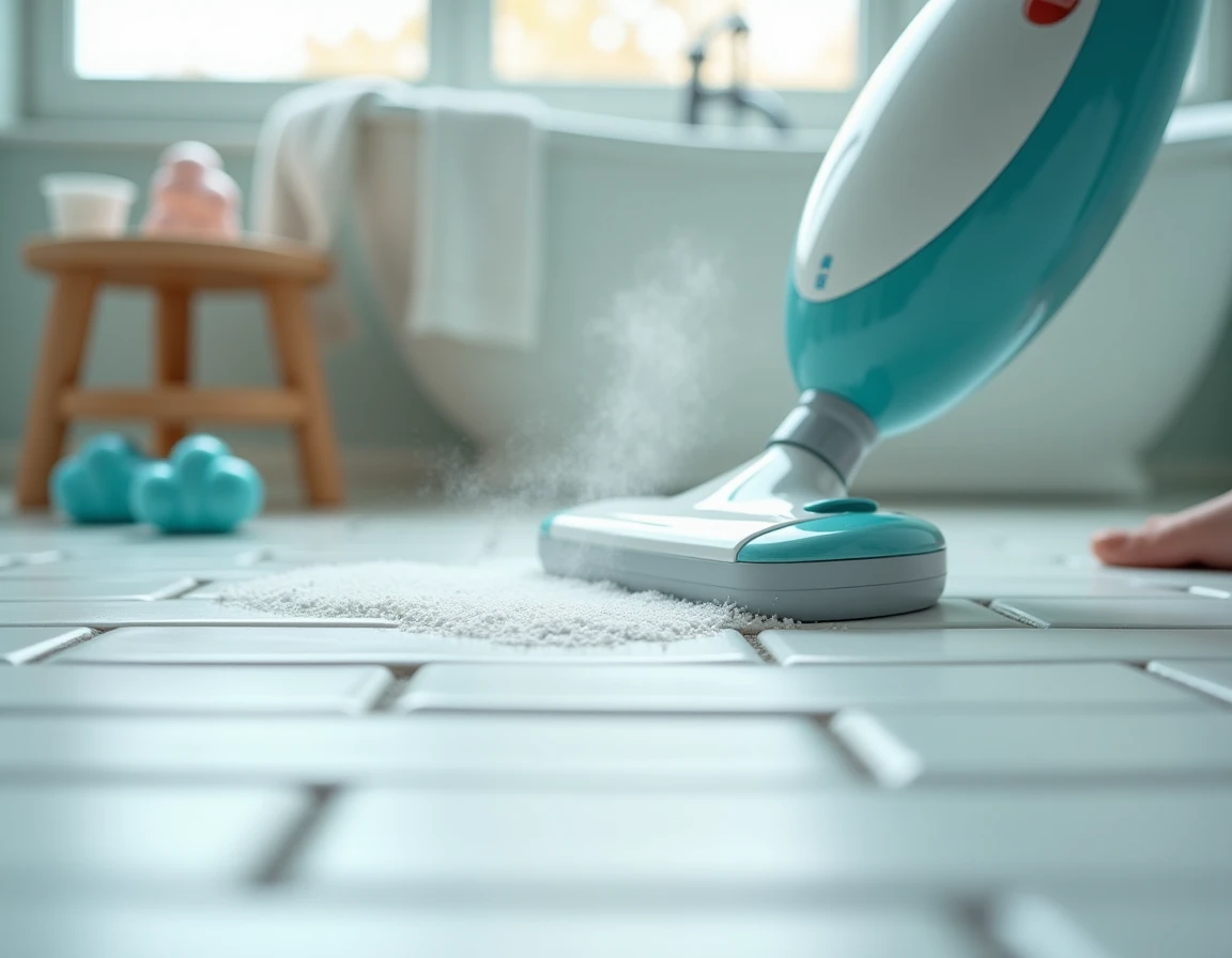 Nettoyeur vapeur Lidl posé sur le carrelage d'une salle de bain familiale avec jouets de bain et traces de calcaire visibles