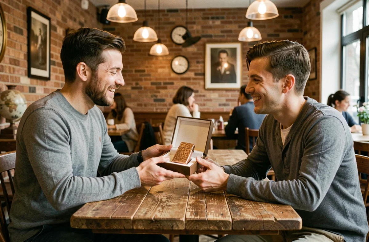 Deux amis dans un café rustique échangeant un cadeau briquet cuivré avec une expression de joie sincère