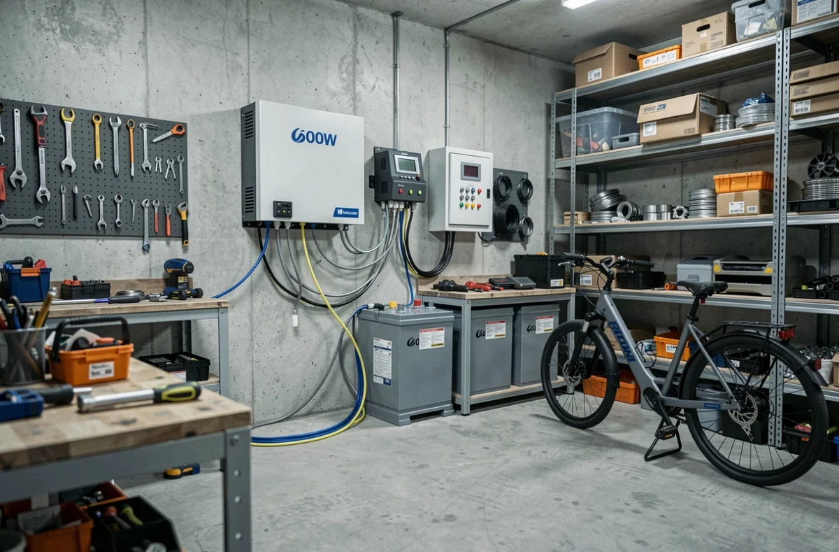 Onduleur solaire 6000W et batterie de stockage installés dans un garage avec équipements ménagers connectés