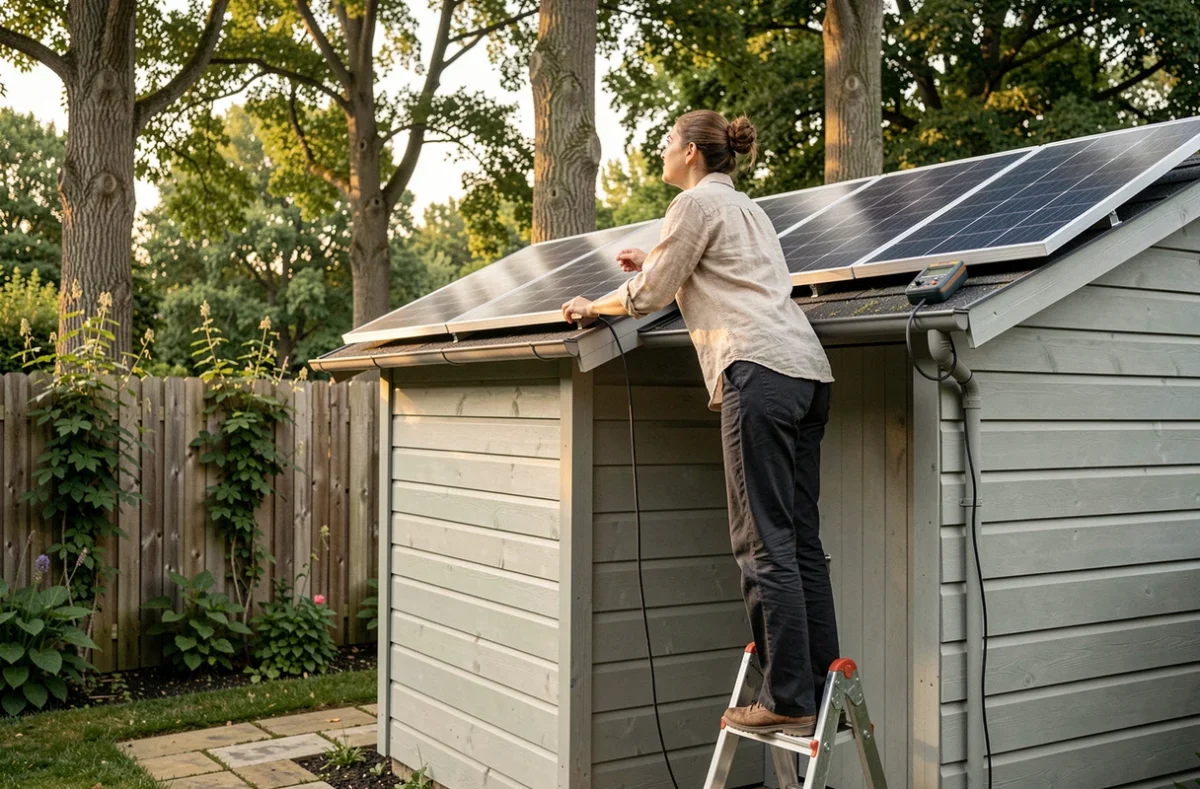 Femme orientant un panneau solaire sur le toit d'une cabane de jardin pour optimiser la production d'énergie