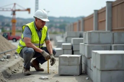 Ouvrier de construction mesurant des parpaings modernes sur un chantier