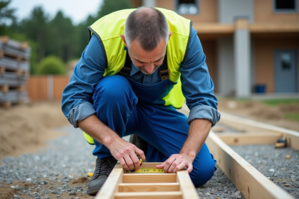 Ouvrier en bleu mesurant la profondeur d'un coffrage