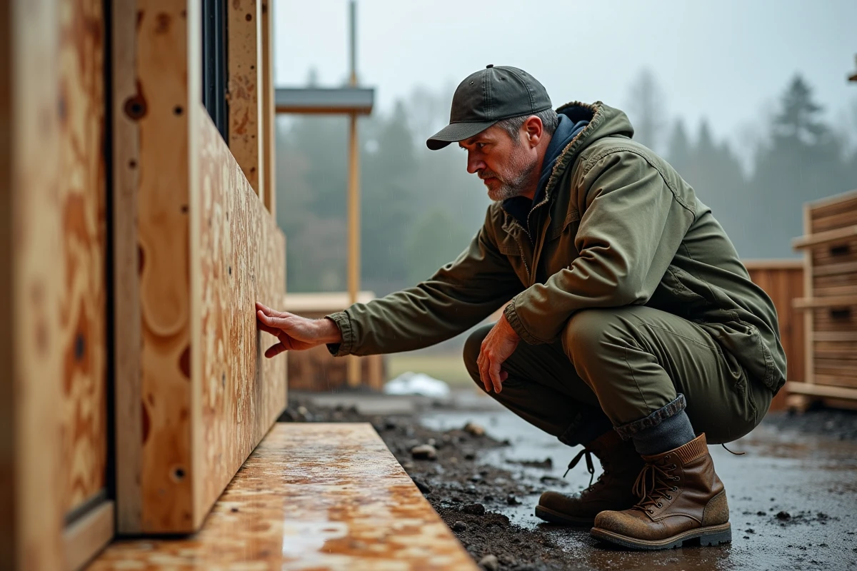 Ouvrier inspectant un panneau OSB gonflé par la pluie sur un chantier de construction