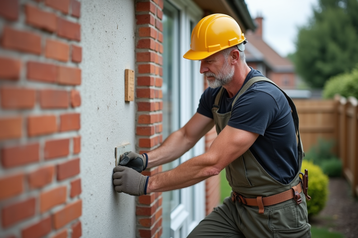 Ouvrier en overalls posant des panneaux d'isolation sur un mur extérieur