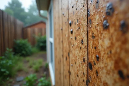 Panneau OSB extérieur sous la pluie avec gonflement et taches d'humidité visibles sur la surface